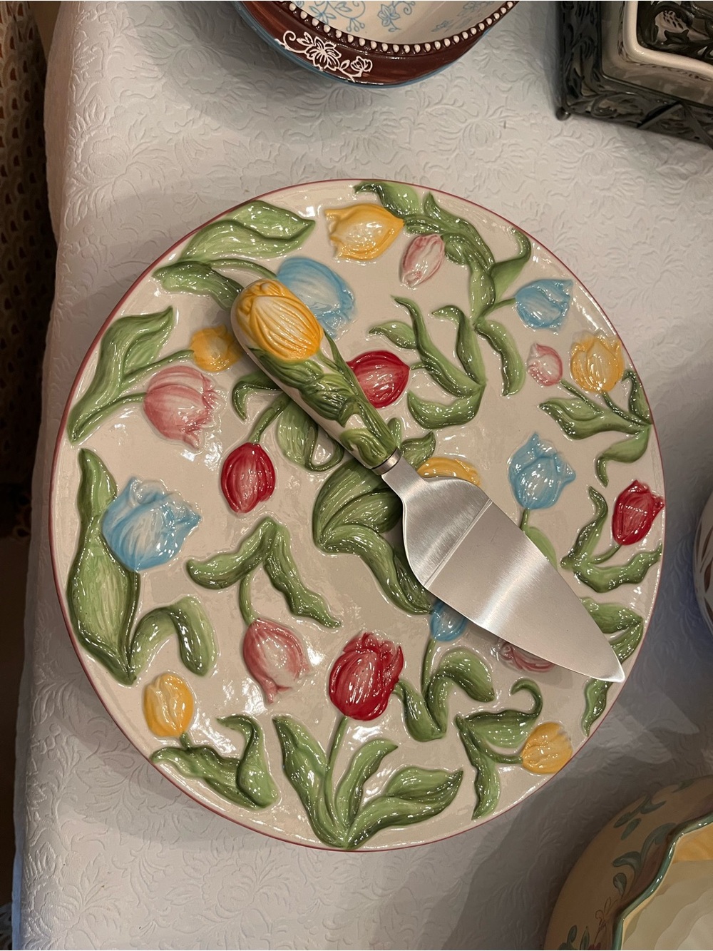 Temp-Tations Multicolor Tulip Ceramic Cake Plate with Matching Server